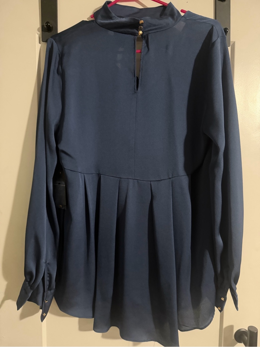 Vince Camuto Navy Long-Sleeve Pleated Peplum Blouse